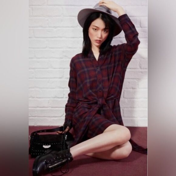 Rag & Bone Felicity Plaid Tie Waist Shirt Dress Burgundy Academia Size M - Picture 1 of 10